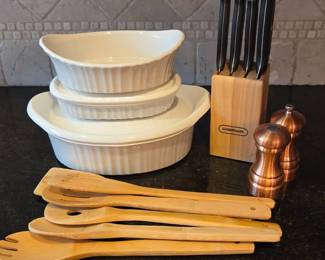 Lot #79 - Corningware Bakeware Set w/ Wooden Kitchen Utensils, Olde Thompson Salt & Pepper, Farberware Knife Set