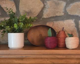 Lot #50 - Rustic Fall Décor Lot with Woven Fruit, Metal Tray & Potted Greenery