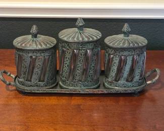 Lot #20 - Vintage Patinated Metal Canister Set with Tray and Decorative Handles