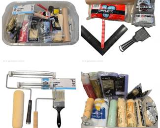 Lot #109 - Paint Supplies Lot with Rollers, Brushes, Steel Wool, Plastic Sheeting