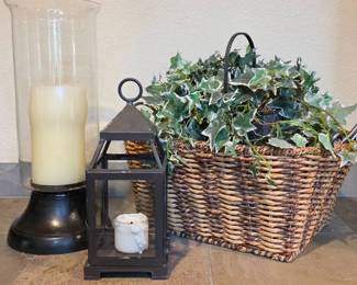 Lot #42 - Pottery Barn Hurricane Candle Holder, Metal Lantern, Large Woven Basket, Metal Basket With Faux Ivy