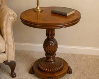 Lot #14 - Ethan Allen Sophia Carved Wood Round Pedestal Side Accent Table with Pineapple Pedestal and Claw Feet