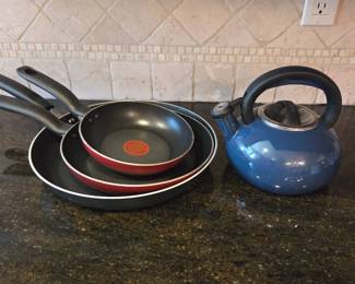 Lot #74 - T-fal 8" 10" and 12" Frying Pans, Simply Cook Nonstick Cookware Red, Plus Circulon Enamel on Steel Whistling Teakettle