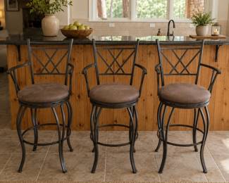 staged bar stoolsLot #83 - Set of 3 Metal Swivel Bar Stools w/ Brown Upholstered Cushions and X-Back Design with Arms
