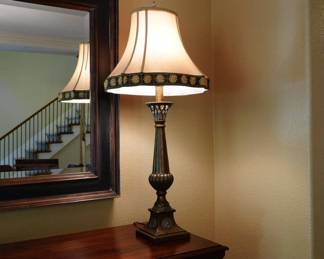 Lot #2 - Traditional Bronze Finish Table Lamp with Decorative Floral Motifs and Fabric Shade