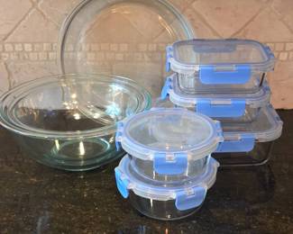 Lot #76 - Anchor Glass Pie Plates, Pyrex Mixing Bowls, & Glass Storage with Plastic Snap Lids