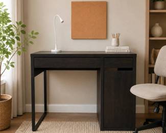 Lot #61 - Ikea Micke Desk, NÄVLINGE LED Work Lamp, & Square Cork Board Pin Board