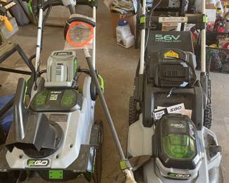 EGO mower, snowblower, and weed eater with chargers and batteries