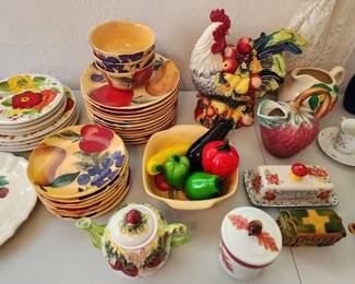 Charming Collection of Colorful Dishware & Kitchen Collectibles – Fruit-pattern plates and bowls, floral pieces, teacups & saucers, serving dishes, covered dishes, rooster décor, glassware and more. Lots of fun vintage-inspired kitchen treasures!