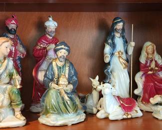 NATIVITY SET – Beautiful multi-piece ceramic Nativity scene featuring Mary, Joseph, Baby Jesus, Three Wise Men, shepherd and animals. Lovely traditional Christmas display.