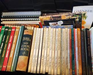 Cookbook Collection: Wonderful assortment of vintage and newer cookbooks, including Better Homes & Gardens, Betty Crocker-style/home cooking books, preserving and canning, country cooking, casserole and family recipes, international cooking, kitchen tips and recipe books spanning multiple decades.