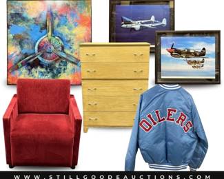Fenton glass, Container Store shelving, Whiting & Davis jewelry, horse collar mirror, pillows, elephant collection, Houston Oilers, and more!