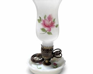 Mid-Century Milk Glass Boudoir Hurricane Lamp, Hand-Painted Rose