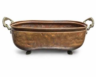 Mid-20th C. Copper Jardiniere, Brass Lion Mask Handles