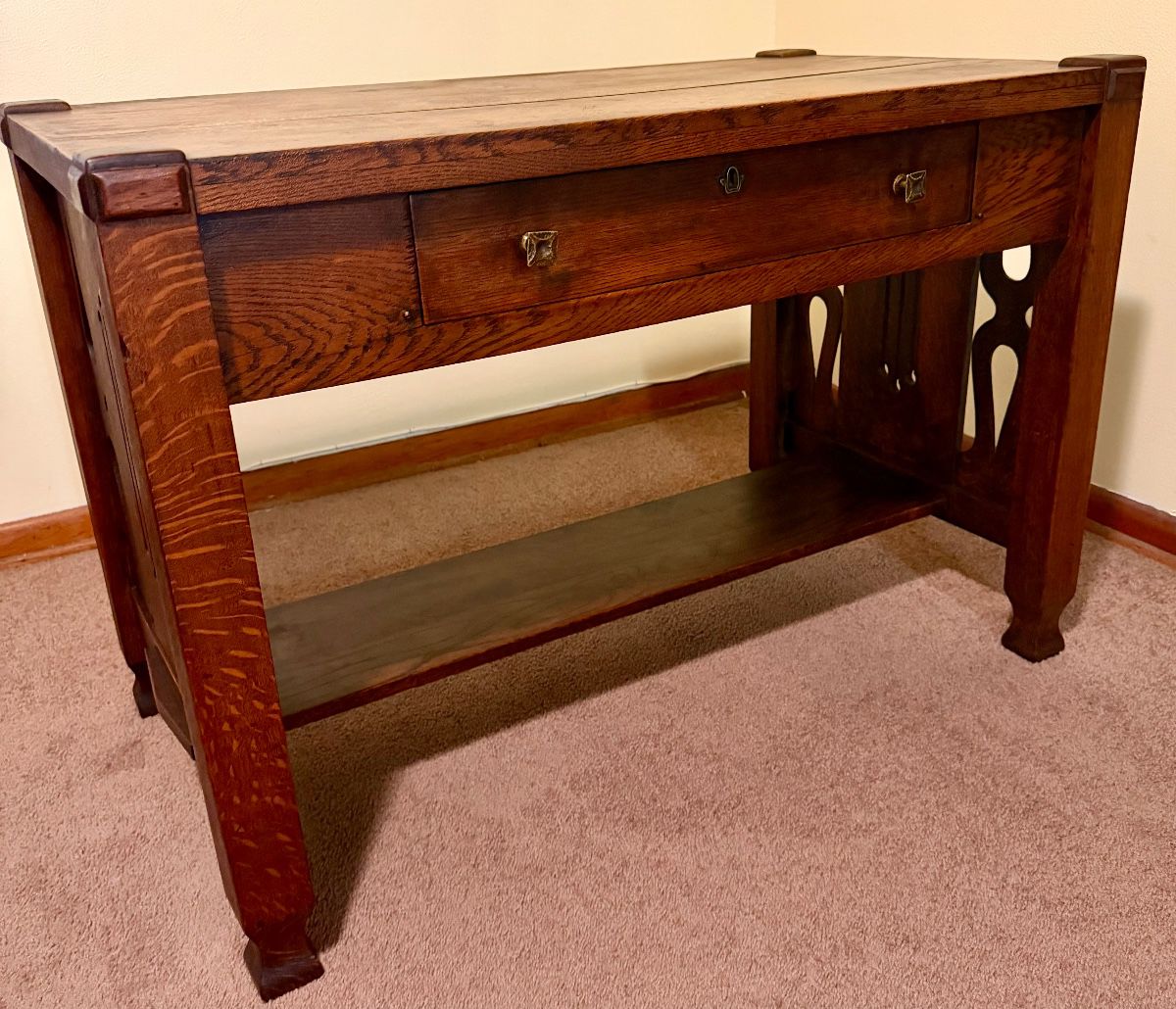 Antique solid oak Arts & Crafts / Mission style library table with two drawers and lower shelf. Beautiful quarter-sawn oak grain and original character.