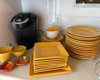 Gold dinnerware and Keurig
