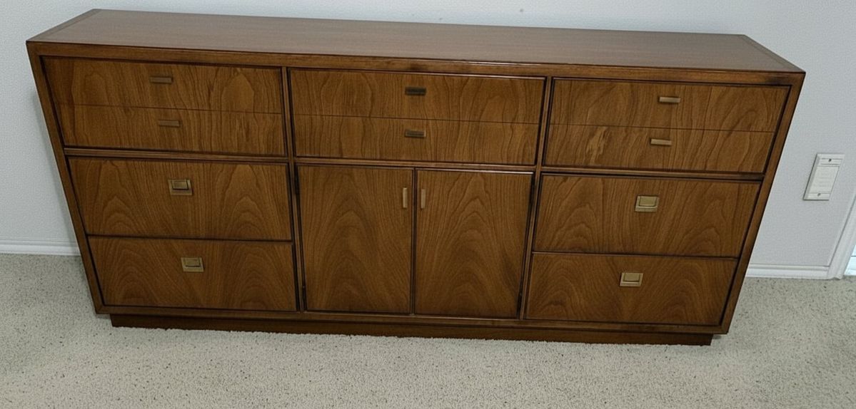 Drexel Heritage Consensus Mid Century Pecan and Brass 9 Drawer Lowboy Dresser
