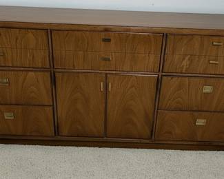 Drexel Heritage Consensus Mid Century Pecan and Brass 9 Drawer Lowboy Dresser