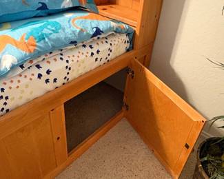 Twin Size Pine Captain's Bed with Bookcase Headboard and Storage Drawers