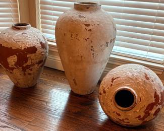 Set of Three Mediterranean-Style Terra Cotta Jars with Distressed Whitewash Finish