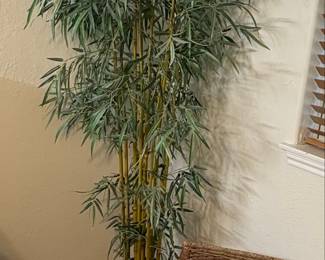 Artificial Bamboo Tree with Natural Trunks in Woven Planter and Wicker Side Chair 
