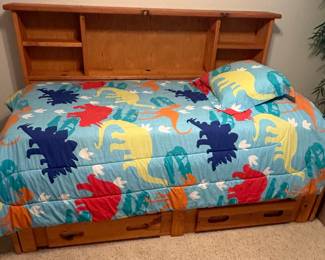 Twin Size Pine Captain's Bed with Bookcase Headboard and Storage Drawers