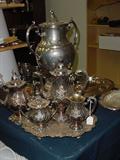 Silver plate serving set and tray, plus large coffee urn...and so many pices of great silverplate serving pieces and flatwear to select from