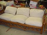 a pair of nice rattan and upholstered sofas, great for family room or sun porch, plus coffee tables and end tables to match