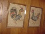 Pair of early folk art chickens, completely detailed using seeds.