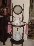 Antique pitcher & wash bowl, with antique stand and mirror