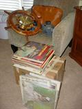 Large ship wheel clock, and boxes of albums