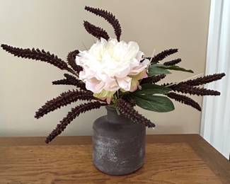 White/pale pink peony w/feathery stems in distressed vase, 11" x 11", $14