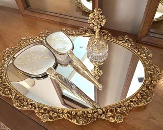 Gold filigree mirrored tray, 21" x 15", $45