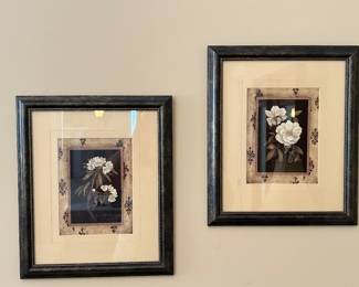Pair of white floral prints, Approx 10" x 12", $20