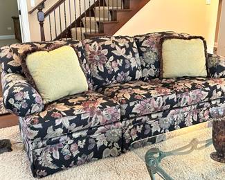 Black floral sofa, excellent condition, + 2 matching pillows, 88"W x 38"D x 35"H, $375