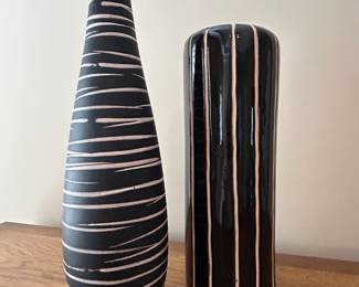 Black & tan horizontal striped vase, 18"H, $18. Black & tan vertical stripe vase, 13.5"H, $18