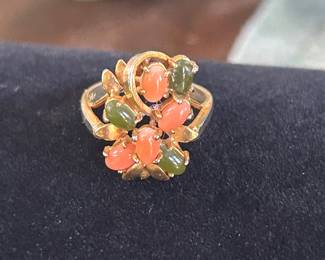 Green & orange stone gold tone ring, approx size 6, was $15, NOW $10