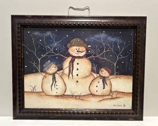 Framed snowman print, 19" x 15", $12