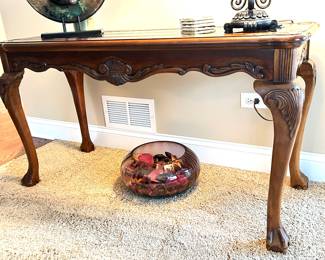 Wooden console table w/detailing, 20"D x 50"W x 28"H, $195