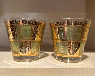 Vintage Culver Prado Green 22K Gold rocks glass set of 8, $95