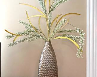 Silver hammered vase with green /yellow floral arrangement, 13.5"H, $20