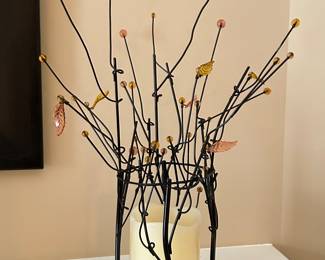 Candle in holder w/black twigs,orange leaves, 14"H, $14