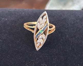 Gold tone leaf and green stone ring, approx size 6, was $15, NOW $10