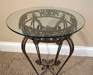 Glass top metal accent table, 15"D x 20"H, $35