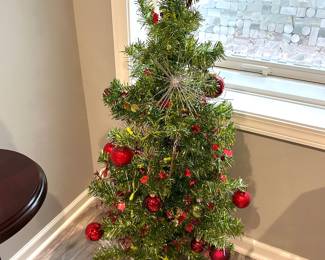 Green metallic tinsel Christmas tree w/ornaments, 38"H, $36