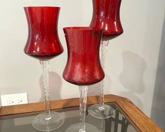 Set of 3 Red glass candlesticks, 16", 14", 12", $20