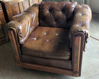 Tufted Brown Leather Armchair With Wood And Metal Accents