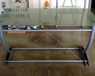 Contemporary Frosted Glass Top Desk, Approx 29" x 56" x 30", And Matching 4-Tier Metal Shelving Unit, Approx 65" x 27" x 20"