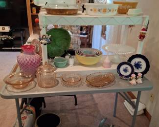 Bee Sting Crock, Butcher Knives, Flow Blue Plates, Pyrex Mixing Bowls and Cassarole Dishes!