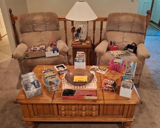 Lots of Postcards, CD's, Snap On Screwdrivers, Nice Oak Coffee Table and 2 Lazyboy Recliners!